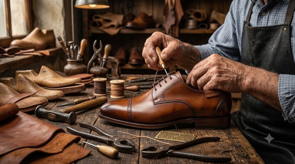 Artisan hands crafting footwear in the workshop